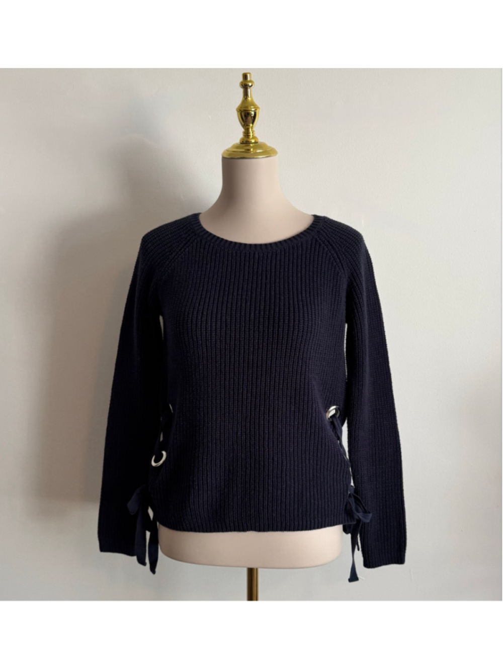 Women's Sheryl Crow Navy Crew Neck Sweater with Side Lacing, Size S